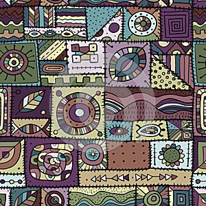 Sewn pieces of fabric in a patchwork style. Ethnic Ornament for your design. Seamless pattern