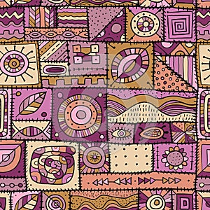 Sewn pieces of fabric in a patchwork style. Ethnic Ornament for your design. Seamless pattern