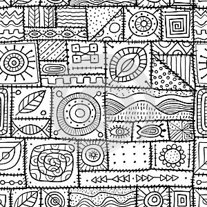 Sewn pieces of fabric in a patchwork style. Ethnic Ornament for your design. Seamless pattern