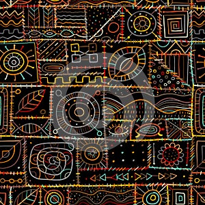 Sewn pieces of fabric in a patchwork style. Ethnic Ornament for your design. Seamless pattern