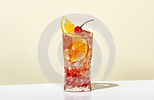 Sex on the beach - popular alcoholic cocktail drink with vodka, peach liqueur, orange and cranberry juice, lemon and ice,