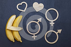 Sex education concept-letters, two bananas on a chalkboard. Free choice