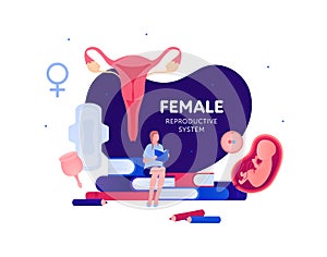 Sex education reproductive system biology class concept. Vector flat illustration. Banner template. Student sitting with book.