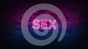 Sex neon sign. purple and blue glow. neon text. Brick wall lit by neon lamps. Night lighting on the wall. 3d illustration. Trendy