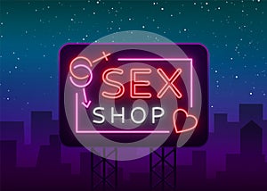 Sex shop logo, night sign in neon style. Neon sign, a symbol for sex shop promotion. Adult Store. Bright banner, nightly
