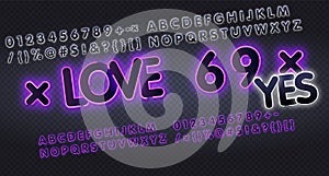 Sex shop LOVE 69, English alphabet and numbers neon signs collection. Neon sign, night bright advertisement, colorful