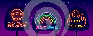 Sex shop neon emblems on street banner. Gay bar and hot show. Neon lettering. Isolated vector stock illustration