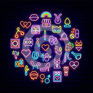 Sex shop neon round layout. Shiny icons collection. Circle template sign. Intimate market. Vector stock illustration