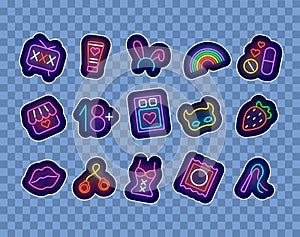 Sex shop neon stickers collection. Intimate patches clipart. Cream, rainbow and lips. Adult toys. Vector illustration