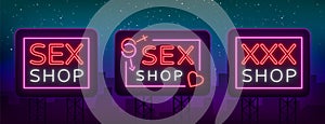 Sex shop set of logos in neon style. Collection of emblems. Neon effect, grocery store, intimate items. Vector