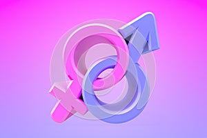 Sex Symbol in colors of gender on blue and pink background. Idea and leadership concep. 3d illustration