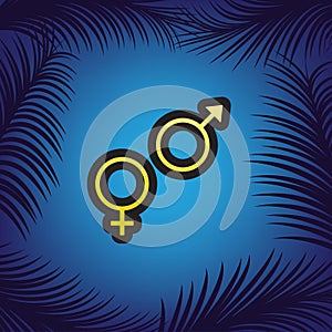 Sex symbol sign. Vector. Golden icon with black contour at blue