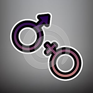 Sex symbol sign. Vector. Violet gradient icon with black and whi