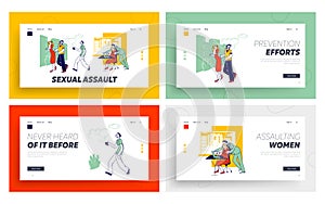 Sexual Assault Landing Page Template Set. Male Character Company Boss Put Hand on Woman Shoulder at Workplace