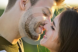 Sexual energy. Sexy couple in love. Girl and handsome man kissing. Seduction and foreplay. Sensual kiss. Kiss close up