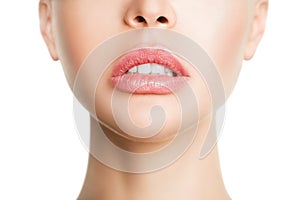 Sexual full lips. Natural gloss of lips and woman`s skin. The mouth is open. Increase in lips, cosmetology.