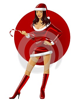 Sexual girl in Miss Claus dress against the red circe isolated o