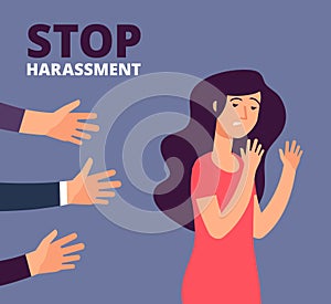 Sexual harassment concept. Woman and mans hands. Stop abuse, against violence vector background