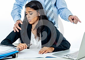 Sexual harassment at work. Disgusted employee being molested by her boss photo