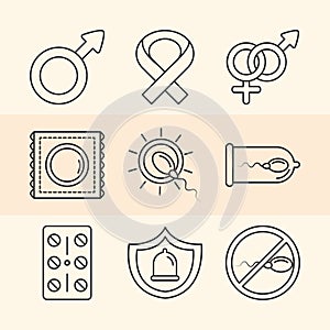 Sexual health, contraception methods gender and ribbon icons line blue