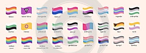 Sexual identity LGBTQ pride flags. Big Set of sexual diversity LGBT symbols. Infographic of Gender minority flag
