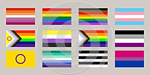 Sexual identity pride flags set, LGBT symbols. Flag gender sexe gay, transgender, bisexual, lesbian and others