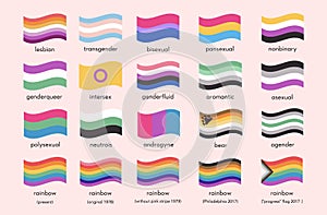 Sexual identity pride flags. Set of LGBT symbols. Infographic of sexual diversity. Gender flag. Gay, transgender