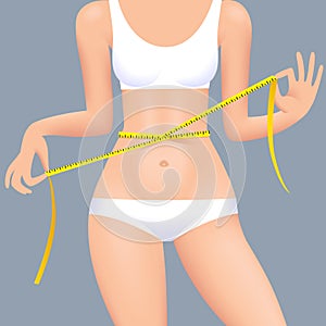 Sexual woman`s body in underwear with waist measuring tape