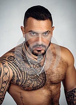 Sexy abs of tattoo man. male fashion. muscular macho man with athletic body. confidence charisma. sport fitness health