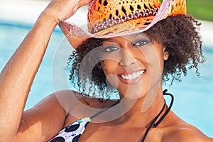 Sexy African American Woman Girl Wearing Cowboy Hat by Swimming Pool