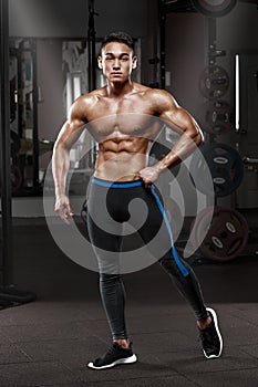 asian muscular man posing in gym, shaped abdominal. Strong male naked torso abs, working out