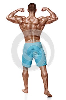 athletic man showing muscular back body, rear view, full length, isolated over white background. Strong male naked torso