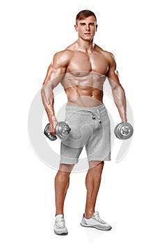 athletic man showing muscular body with dumbbells, full length, isolated over white background. Strong male naked torso abs