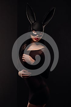 Sexy, beautiful, charming, woamn in black rabbit mask and elegant dress.