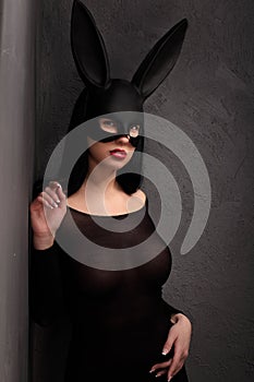 Sexy, beautiful, charming, woamn in black rabbit mask and elegant dress.