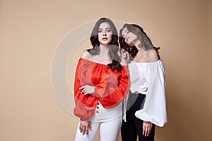 Sexy beautiful woman fashion glamour model brunette hair makeup wear silk blouse trousers clothes for every day casual party style