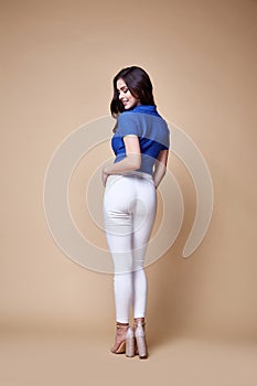 Sexy beautiful woman fashion glamour model brunette hair makeup wear silk blouse trousers clothes for every day casual party style