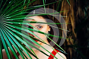Sexy beautiful woman hiding behind the palm leaves. Sensual model girl with smooth skin and makeup. Perfect skin