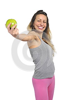 beautiful woman holding green apple fruit in healthy natural nutrition and fitness concept