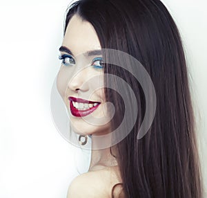 Sexy Beauty Girl with Red Lips and Nails. Provocative Make up. Luxury Woman with Blue Eyes. Fashion Brunette Portrait