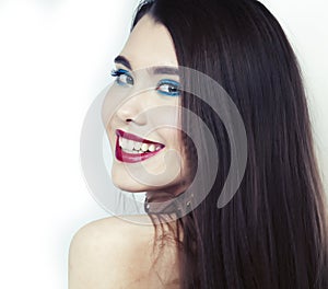 Sexy Beauty Girl with Red Lips and Nails. Provocative Make up. Luxury Woman with Blue Eyes. Fashion Brunette Portrait