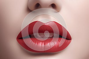 Sexy Beauty Red Lips, Makeup Detail. Beautiful Closeup. Sensual Open Mouth. Lipstick or Lipgloss