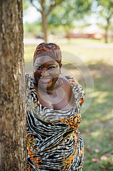 Sexy big black beautiful BBW model posing outdoors in an animal print dress