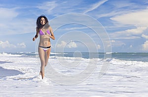 Bikini Woman Girl Running on Beach