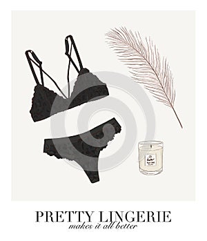 Sexy black bra and panties set illustration. Lingerie store quote, underwear shape text. Undies store advertising