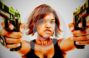 Black Female Aiming Two Handguns photo