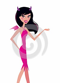 black hair woman in pink devil costume photo