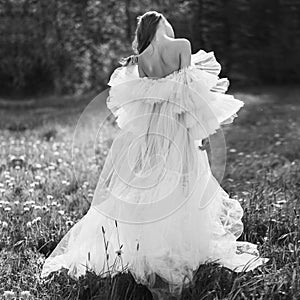 Sexy blonde in a chic classic dress posing in nature