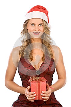 blonde woman Mrs. Claus with Christmas gift