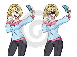 Sexy cartoon girl takes a selfie. Blondie girl in blue shirt, leggings and red sunglasses